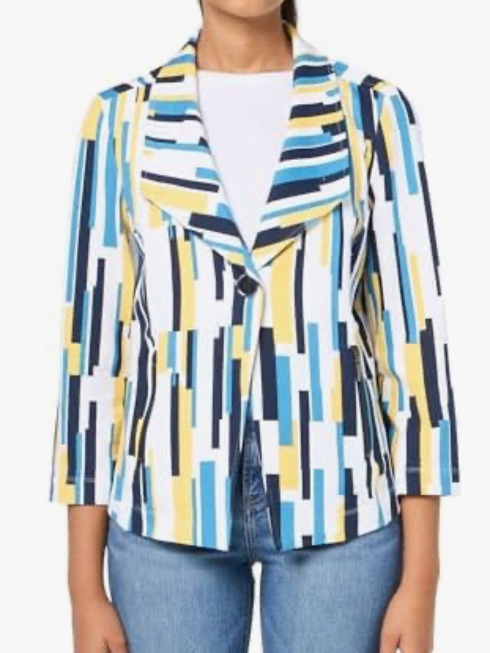 Multiples Geometric Stripe Single-Button Jacket - White/Blue/Yellow/Navy, 3X